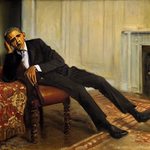 Image similar to The despair of Obama, oil on canvas, 1883