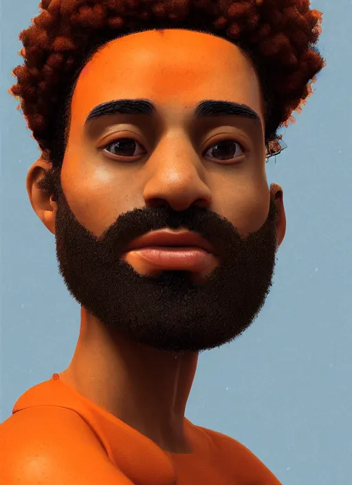 Image similar to illustration of short curly orange afro hair men as a self, portrait, smooth, unreal engine 5, octane, reflects, masterpiece artwork, ultra detailed, artgerm, as pixar film poster, digital art, trending on artstation, behance, deviantart