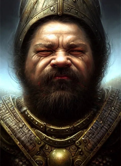 Prompt: closeup portrait shot of a dwarf warrior in a scenic dystopian environment, intricate, elegant, highly detailed, centered, digital painting, artstation, backlit, concept art, smooth, sharp focus, illustration, artgerm, tomasz alen kopera, peter mohrbacher, donato giancola, joseph christian leyendecker, wlop, boris vallejo