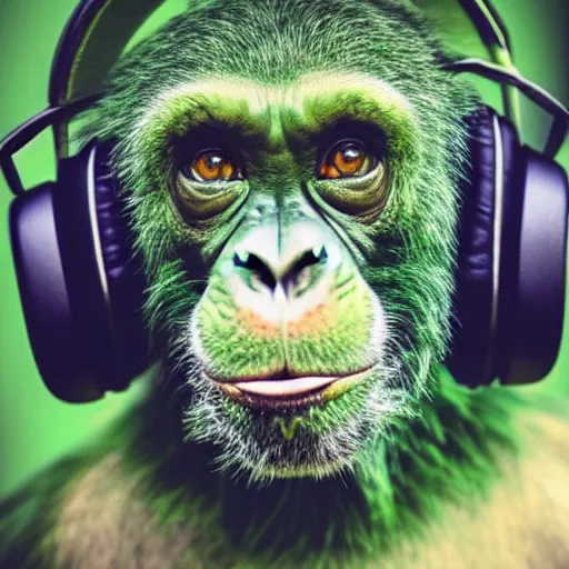 Image similar to a high quality photo of a green chimp wearing headphones, realism, 8k