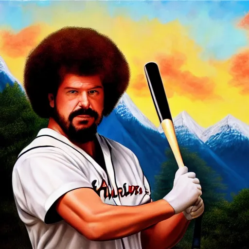 Image similar to a closeup photorealistic photograph of bob ross themed kenny powers playing baseball, a painting on a canvas. mountains and trees. film still. brightly lit scene. this 4 k hd image is trending on artstation, featured on behance, well - rendered, extra crisp, features intricate detail, epic composition and the style of unreal engine.