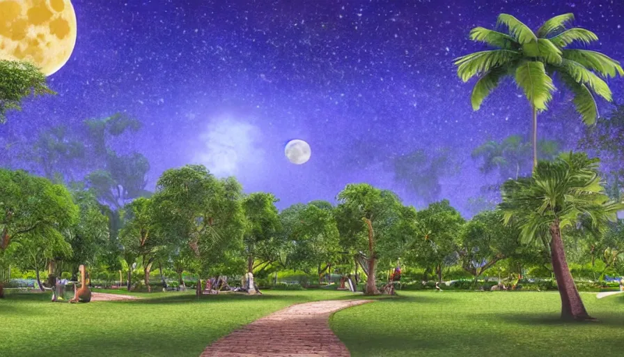 Image similar to a city park in Merida Yucatan Mexico with Ceiba trees and a full moon. fantasy illustration