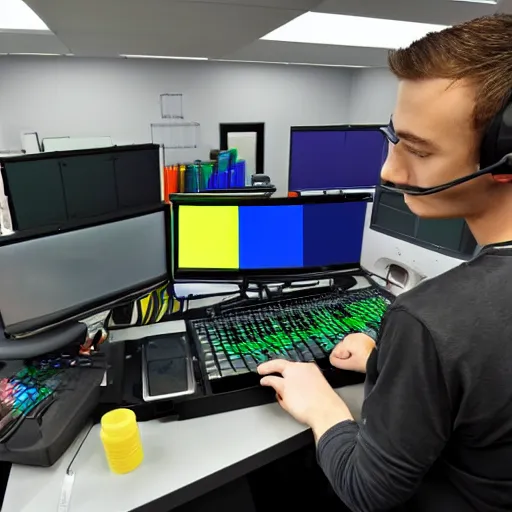 Prompt: Max Chroma Color Scientist mixing colors in his computer lab in the style of Max Chroma