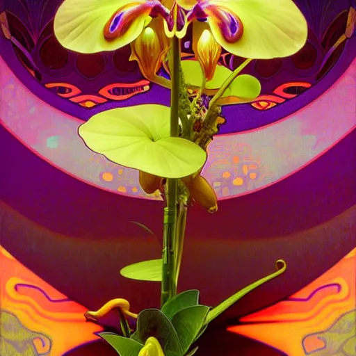 Prompt: surreal psychedelic orchid hybrid, bright diffuse lighting, art by collier, albert aublet, krenz cushart, artem demura, alphonse mucha