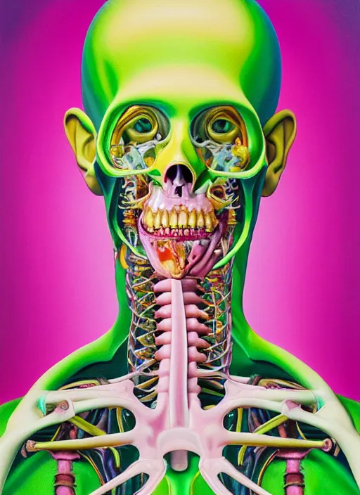 Image similar to a beautiful and highly detailed painting of an anatomical portrait wearing overalls, inside a grand room lined with paintings, emotionally expressive, oil painting, soft light, pink and green olour palette, cinematic composition, cinematic lighting, sharp focus, masterpiece by shusei nagaoka kaws, david rudnick, airbrush on canvas, pastell colors, cell shaded 8 k