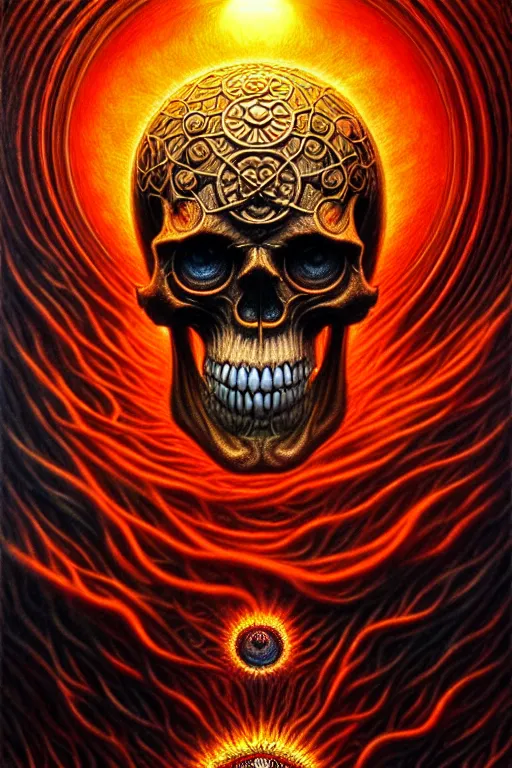 Image similar to A beautiful detailed deeath sun godness, tarot card, by tomasz alen kopera and Justin Gerard, symmetrical features, ominous, magical realism, texture, intricate, ornate, royally decorated, skull, skeleton, whirling smoke, embers, red adornements, red torn fabric, radiant colors, fantasy, trending on artstation, volumetric lighting, micro details, 3d sculpture, ray tracing, 8k, anaglyph effect