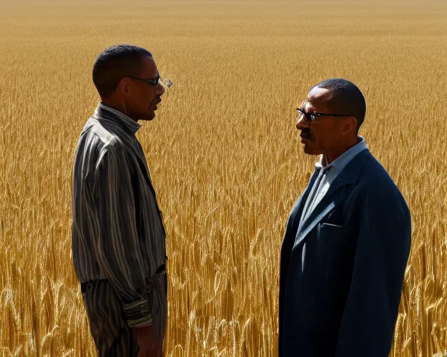 Image similar to extreme long shot of walter white and gustavo fring stand facing each other from a distance in a wheat field, side view, 3 5 mm photograph, 8 k resolution, wide shot, sharp lens