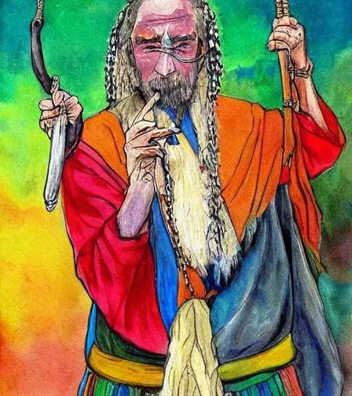 Image similar to Painting in a style of Lord of the rings of a shaman dressed in a colorful traditional clothes. He is smoking a pipe