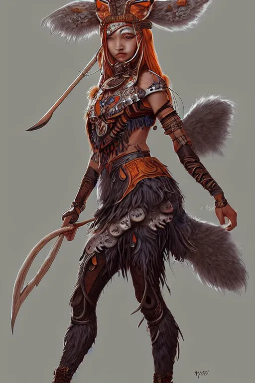 Image similar to digital art, centered full body of an Warrior girl with fox headdress ,intricate, veins, by James Jean and by artgerm , by ross tran, ultradetailed, charachter design, concept art, trending on artstation,