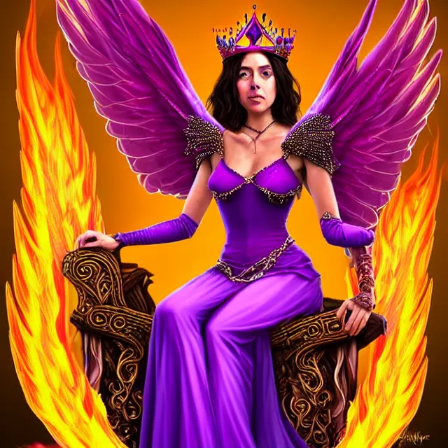 Image similar to Princess sorceress with red flaming bird wings on her back and sitting on an ornate throne dressed in a fancy purple dress, beautiful realistic face similar to aubrey plaza, Fantasy, Full Portrait, High detail, realistic, planeswalker