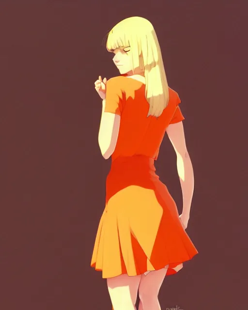 Image similar to blond woman in an orange ripped short dress, by artgerm, by studio muti, greg rutkowski makoto shinkai takashi takeuchi studio ghibli