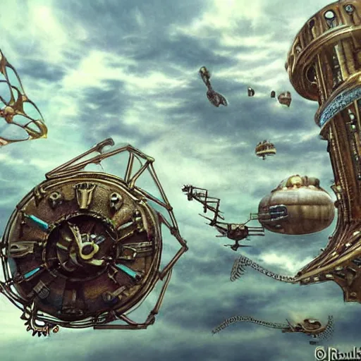 Image similar to flying city in a steel lotus, sky, steampunk!!!, fantasy art, steampunk, masterpiece, octane