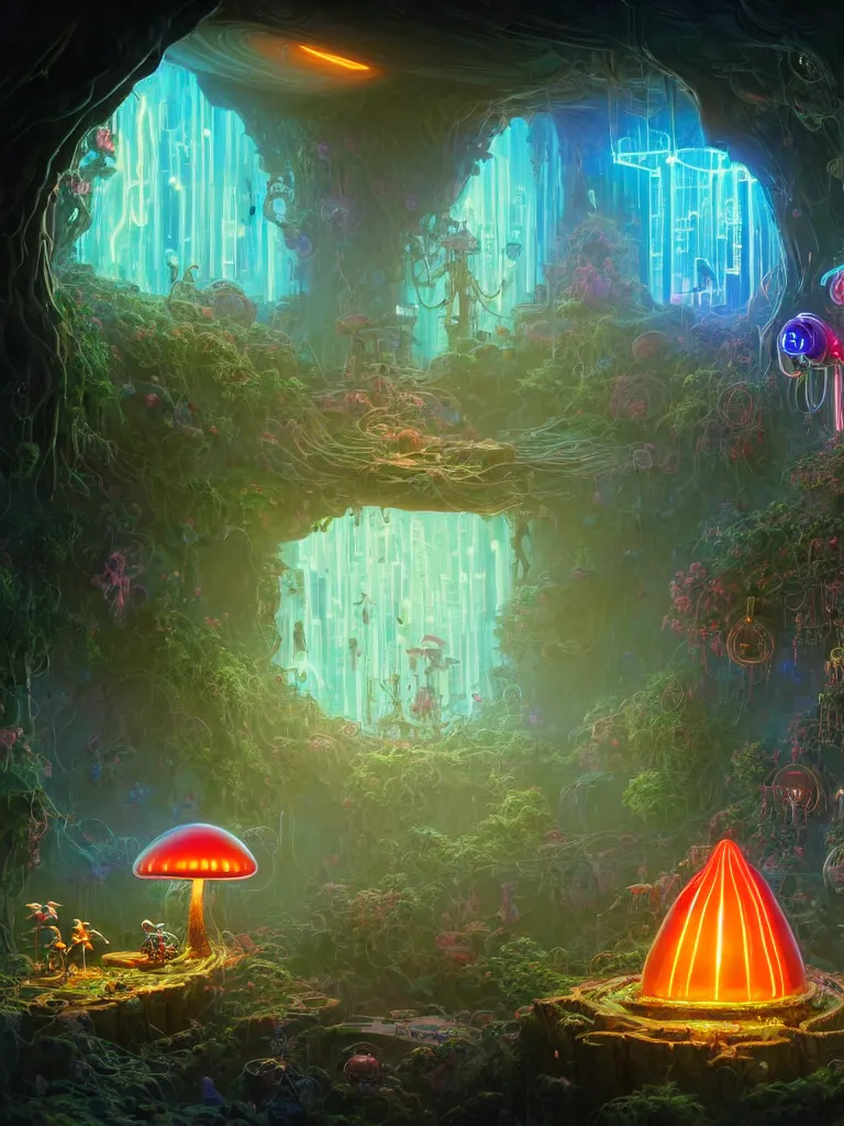 Image similar to the interior of a celestial dainty cyberpunk cottage in a bioluminescent tree trunk decorated beautifully, lots of cyberpunk design elements like toadstool mushrooms and small robots, warm sunlight shining in, lots of plants and flowers, concept art 8 k resolution, fantasy illustration, sharp focus, detailed painting, deep color, volumetric lighting, crepuscular rays