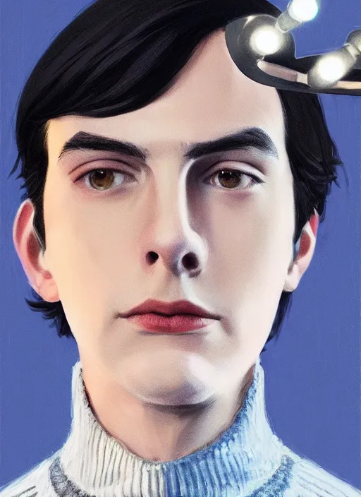 Image similar to portrait of teenage jughead jones wearing a light grey crown, crown, blue turtleneck, 1 9 5 0 s, closed eyes, photorealistic, black hair, glowing lighting, intricate, elegant, glowing lights, highly detailed, digital painting, artstation, concept art, smooth, sharp focus, illustration, art by wlop, mars ravelo and greg rutkowski