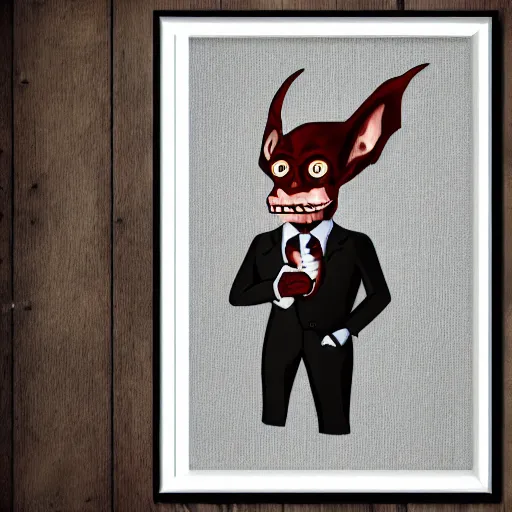 Image similar to charismatic goblin with little smile in suit, art on papyrus, symmetrical