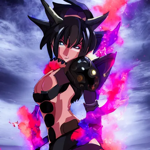 Image similar to portrait focus of a very hot!!! demon 3D anime girl, Obsidian armor wearing, dark volcano background, ash falling, {perfect face}, bokeh, inspired by Masami Kurumada, digital painting, high contrast, unreal engine render, volumetric lighting, high détail