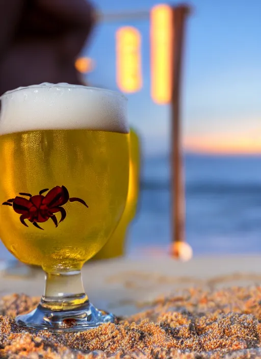 Image similar to a happy crab beside a beer at the beach, golden hour, bokeh, 4k