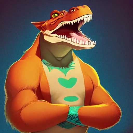 Image similar to in the style of artgerm, loish and ross tran, anthropomorphic alligator, symmetrical face, symmetrical eyes, red scales on his back, yellow scale on his belly and chest, male, waring a hawaiian shirt, in the style of zootopia