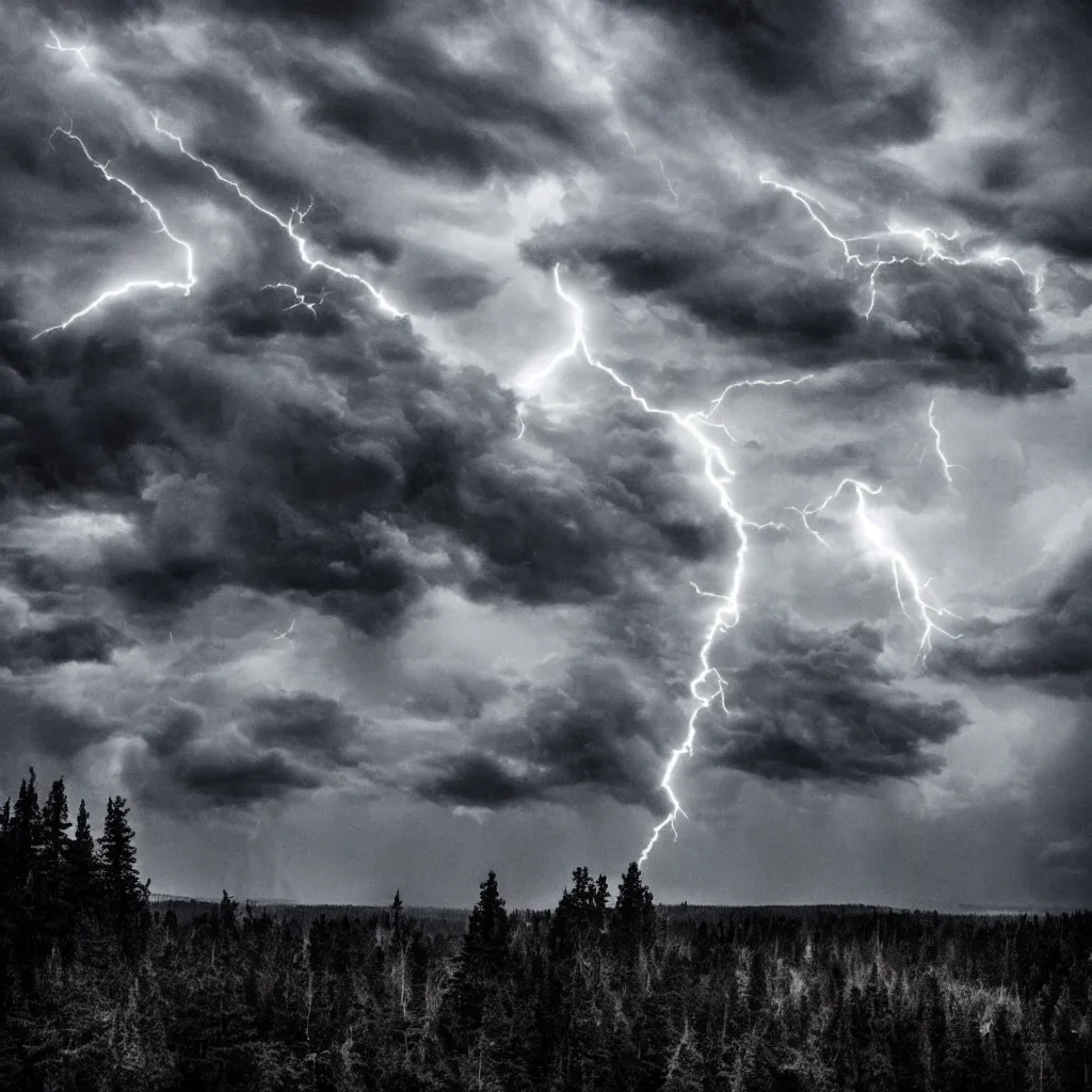 Prompt: god of thunder in the middle of a huge dark electric storm cloud above dark spruce forest, black metal aesthetics, dark atmosphere, black and white photo