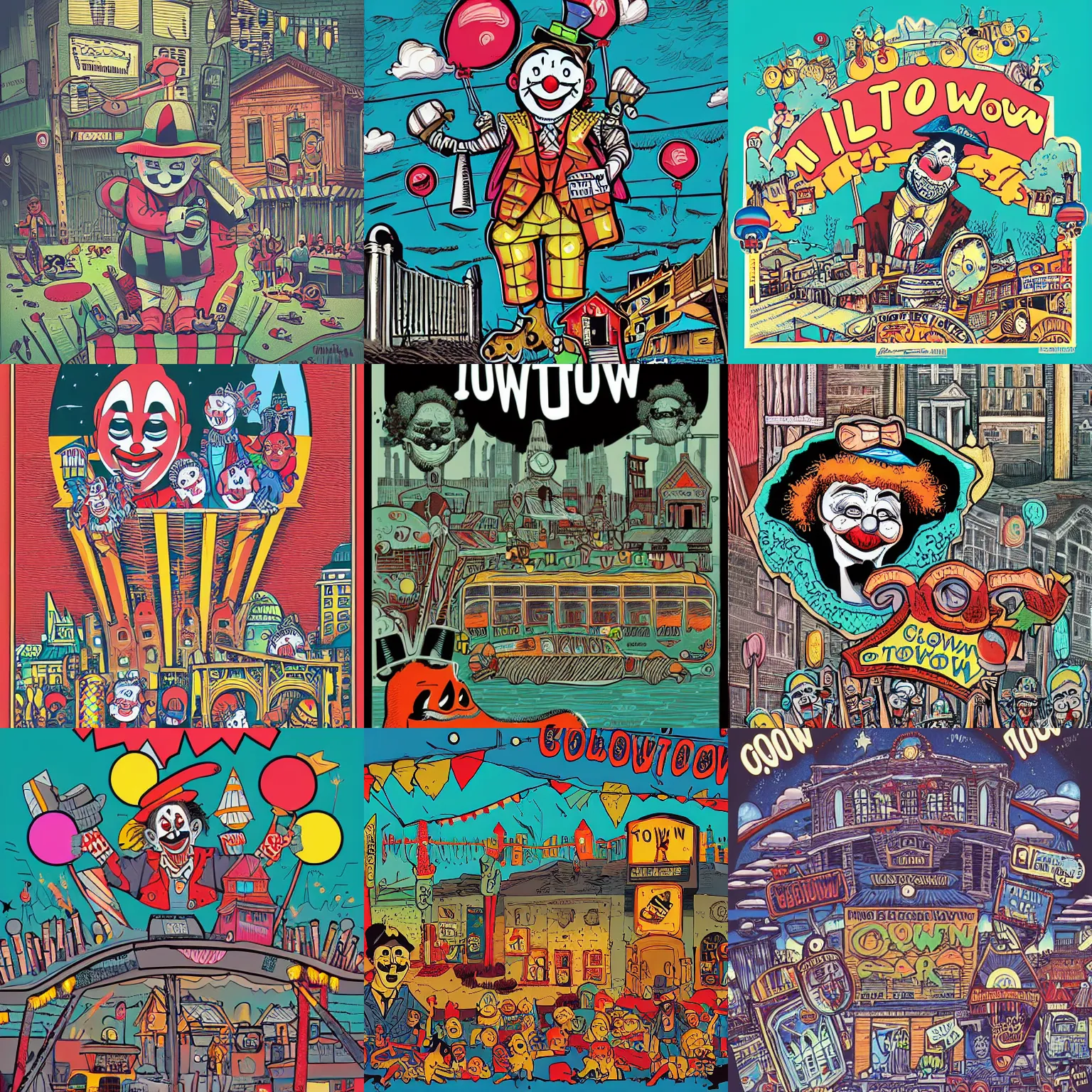 Prompt: clown town, detailed illustration by tim doyle