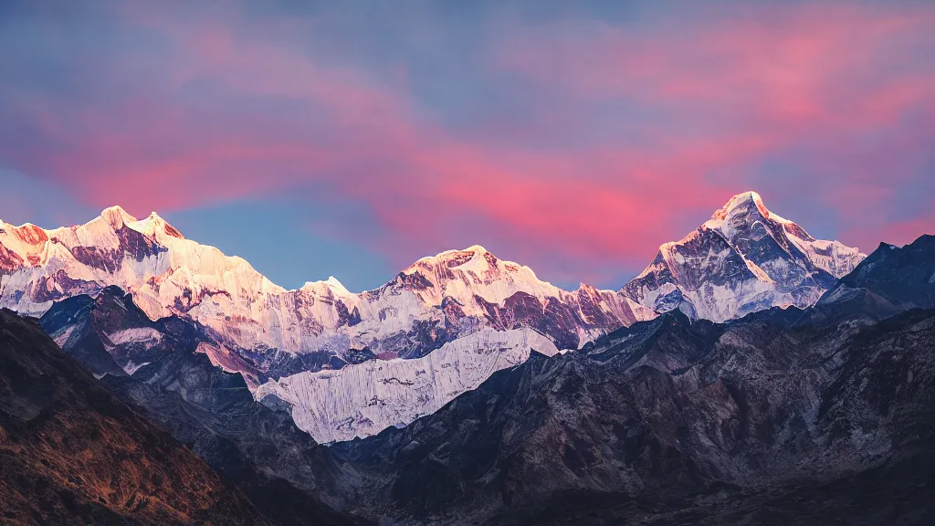 Image similar to Moody sunset picture of the Annapurna mountain range with McDonalds, large-format landscape photography