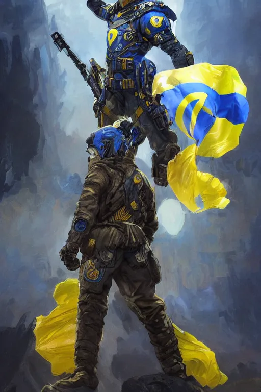 Image similar to shot of Vladimir Zelenskiy as a super soldier with Ukrainian blue and yellow flag on his back, handsome, fantasy, intricate, pile of skulls under his feet, elegant, highly detailed, digital painting, artstation, concept art, smooth, sharp focus, illustration, art by artgerm and greg rutkowski and alphonse mucha