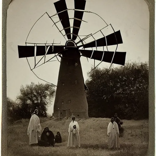 Image similar to an 1800s photo of a windmill. Cult worshippers in robes.