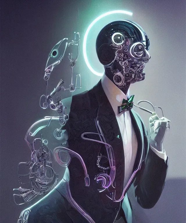 Image similar to a male android portrait wearing a suit and tie, surrealism, scifi, intricate, elegant, sharp eyebrows, highly detailed cybernetic body, neon glowing eyes, digital painting, artstation, concept art, smooth, sharp focus, illustration, art by artgerm and moebius and peter mohrbacher