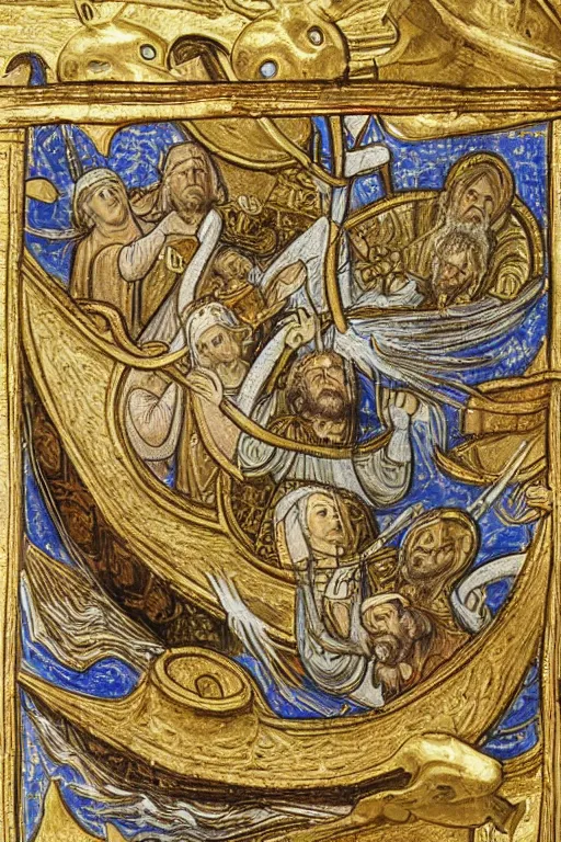 Prompt: detailed realistic medieval bible manuscript illustration gold - leafed foil depicting the story of jonah