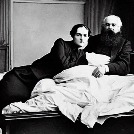 Prompt: Karl Marx and Ayn Rand lying on bed, photo, 1920