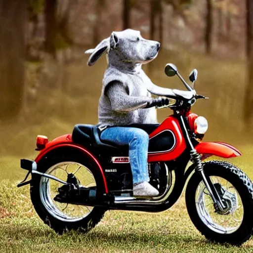 Prompt: Gray Bully dog riding a honda cub 50