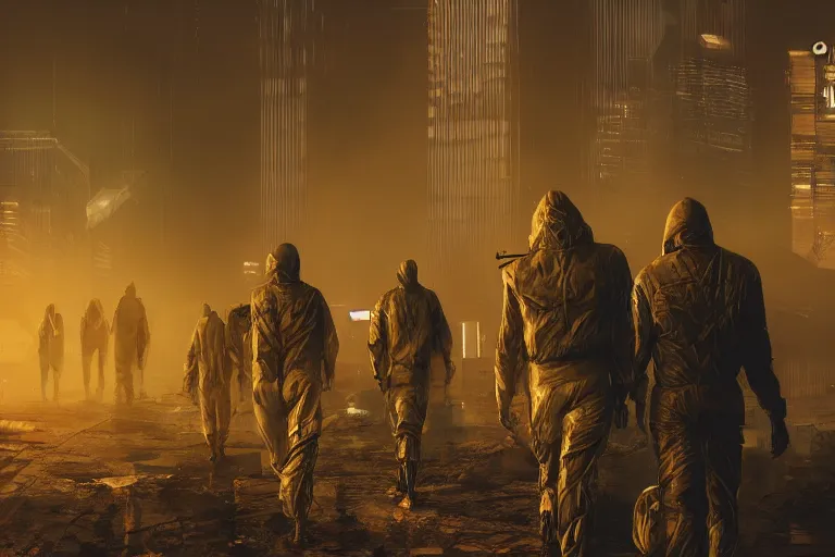 Prompt: humans with protection suits walking in cyberpunk apocalypse doomsday city with yellow poison fog, post nuclear coastline, fantasy concept art, hyper realistic illustration, symetrical complex fine detail, 8 k, sinister, artstation, unreal engine,