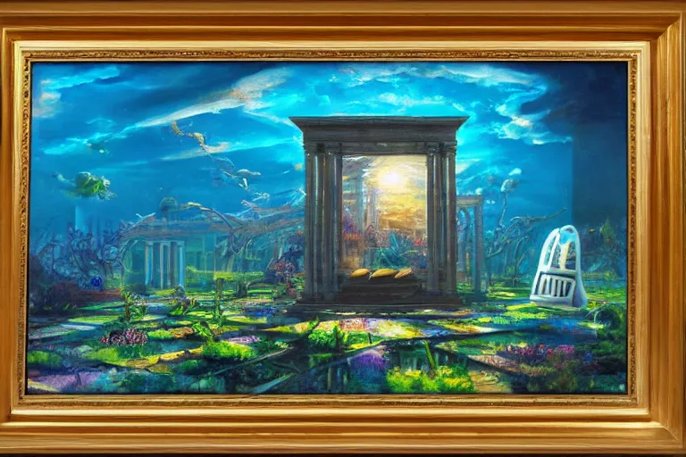 Prompt: 8 0 sci fi oil painting, ocean cube in the middle of a garden, golden hour, in style of classicism mixed with sci - fi books art