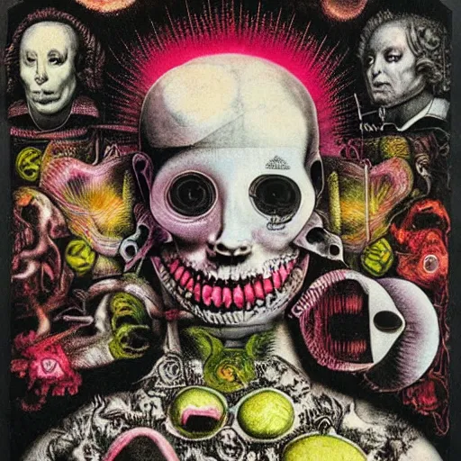 Image similar to post - punk new age album cover, asymmetrical design, dollar bank notes, capitalism, magic, apocalypse, psychedelic, black white pink, magic, giger h. r., giuseppe arcimboldo