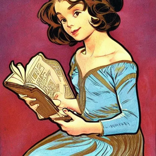 Prompt: a little girl with a mischievous face and short light brown curly wavy hair and blue eyes. she is reading a book. well composed, clean elegant painting, beautiful detailed face. by steve ditko and jack kirby and ( alphonse mucha )