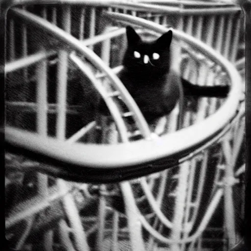 Prompt: black cat in a rollercoaster. the cat looks happy. sunlight. polaroid photo. sepia. grainy.