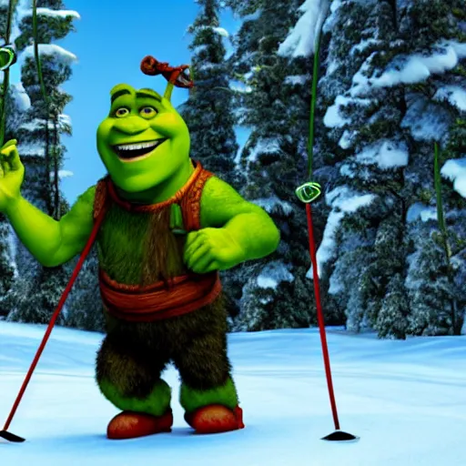 Image similar to shrek skiing, smiling, full body shot, cinematic lighting, studio quality