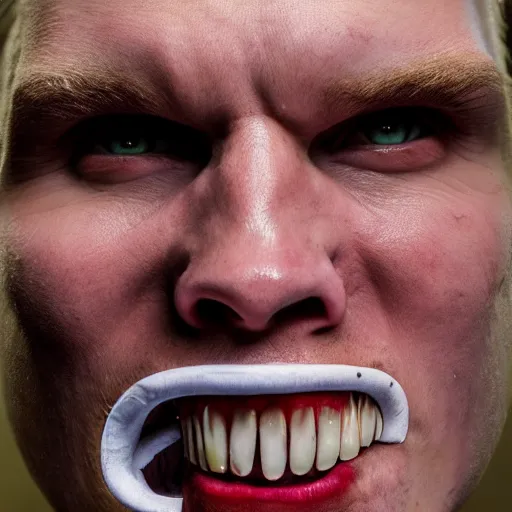 Prompt: Jerma985 with a wide smile, sinister looking, evil intent, horror, uncanny, detailed, high resolution, sharpened, close-up, professional photography, studio lighting, hyperrealistic, real life