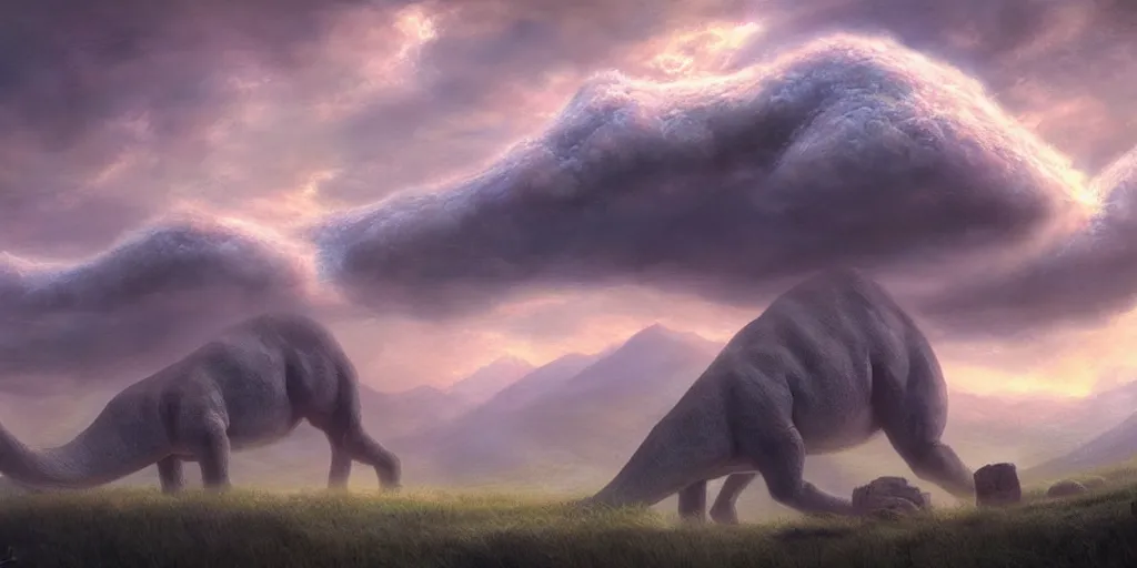 Image similar to a mystical mountain shaped as a diplodocus, clouds, digital illustration, james gurney, cinematic lighting, detailed, mysterious,