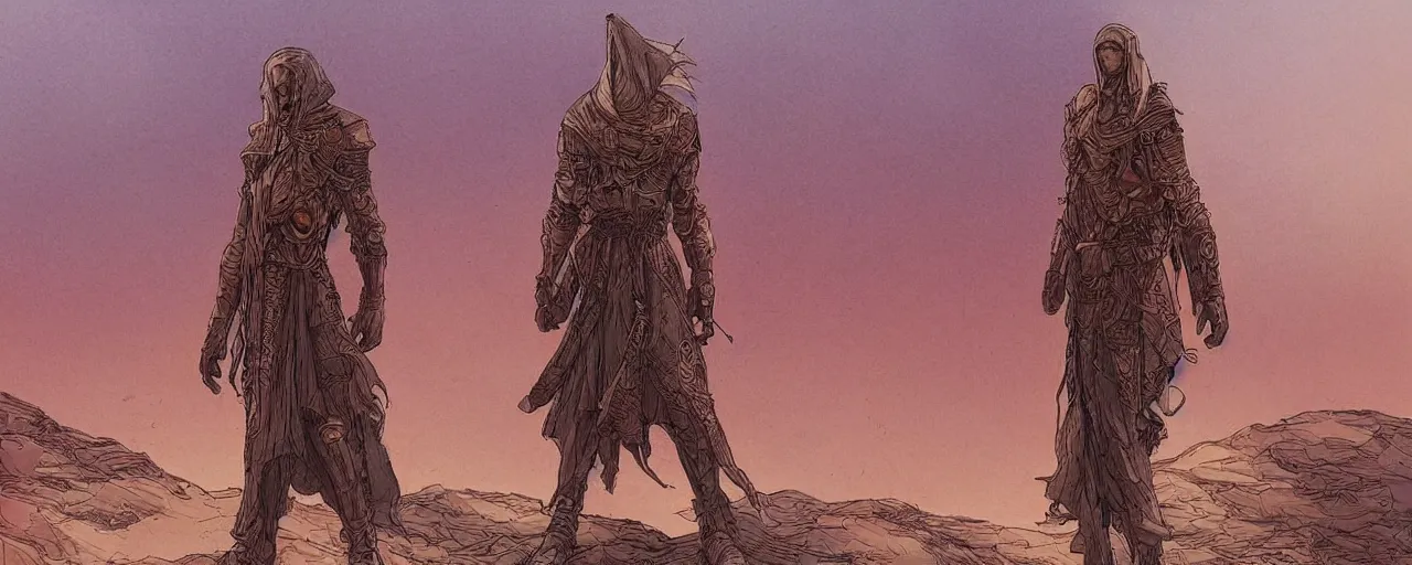 Image similar to lone wandering male figure in heavy robes and desert survival gear, artstyle of Moebius, style of Philippe Druillet, style of Rodan, brutalist style overall aesthetic, warm colors, trending on Artstation