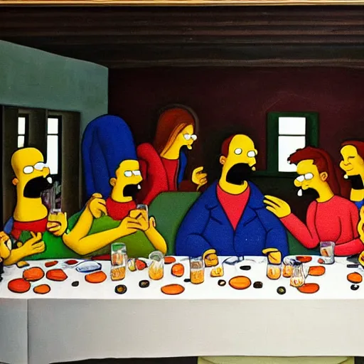 Image similar to last supper with the simpsons characters, art, trending in artsation, winning award painting, oleo style, framed paint, homer is breaking the bread