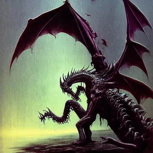 Image similar to vampire dragon beksinski, eldritch, apocalypse, creepy creature, horror spooky