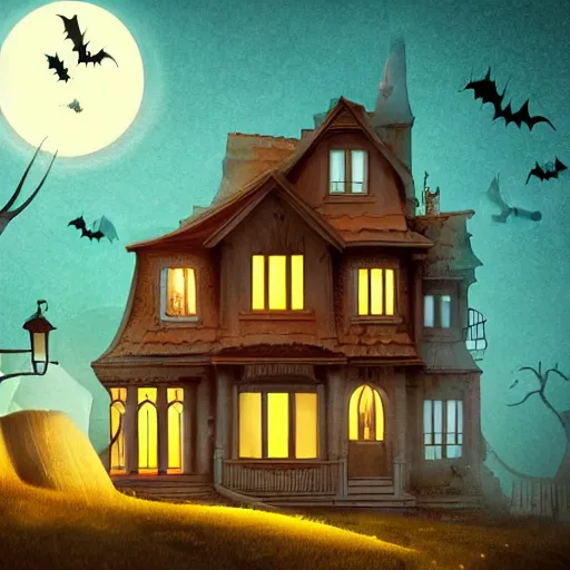 Image similar to digital Illustration of a Halloween house on a round small hill. Glaring lights coming out of the windows. backlit house, moon shining onto the house. Cinematic lighting, movie poster. Award winning digital illustration trending on artstation. art nouveau in the style of Émile Gallé. Very detailed and beautiful digital art
