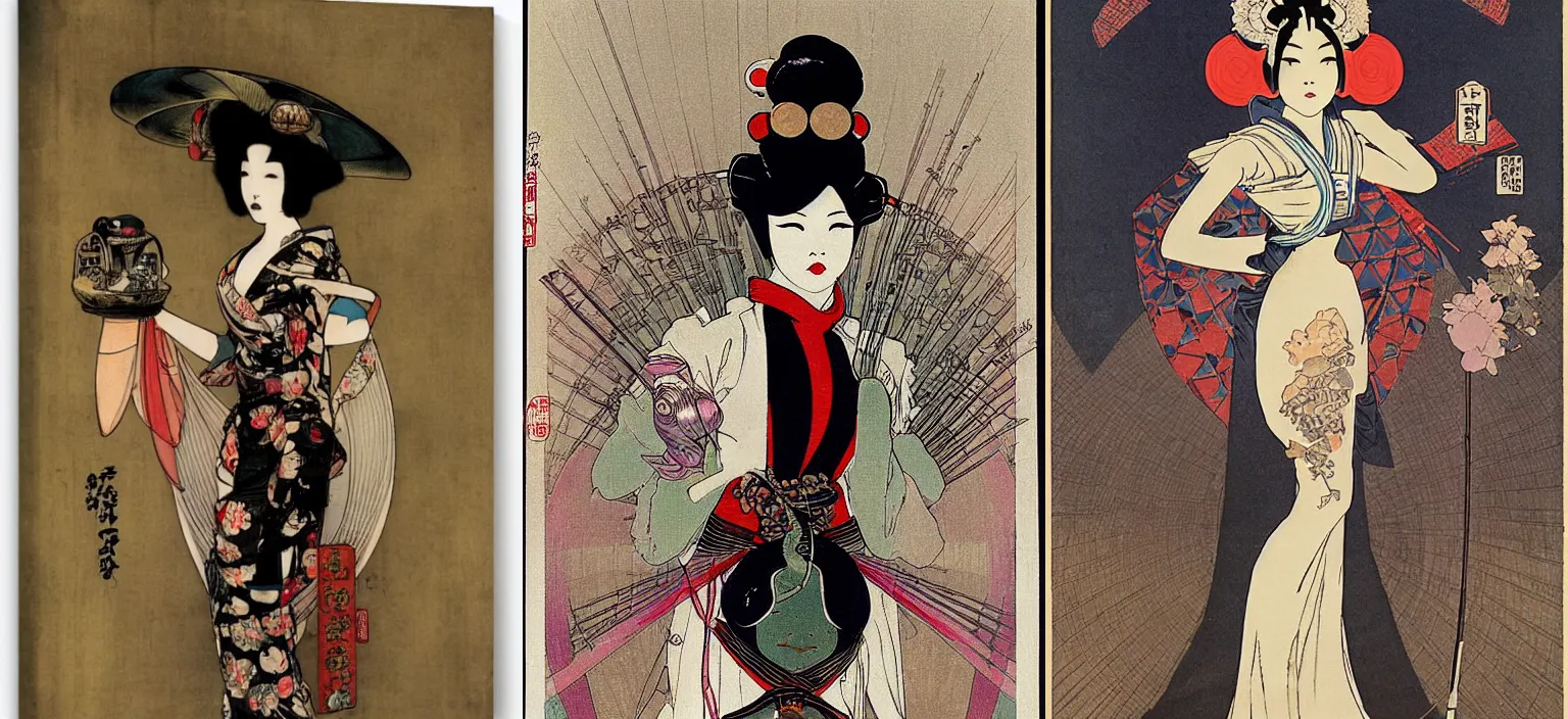 Prompt: a alien geisha walking in the streets of tokyo by Mucha