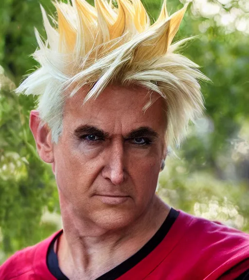 Prompt: award winning 5 5 mm close up portrait color photo of super saiyan trump, in a park by luis royo and stefan kostic. soft light. sony a 7 r iv