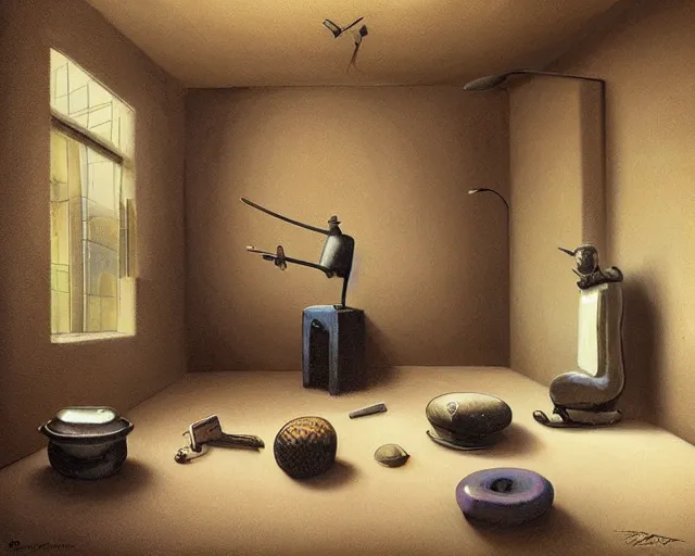 Image similar to a painting of a confusing minimalistic room with a few unusual artifacts, an airbrush painting by breyten breytenbach, cgsociety!, neo - primitivism