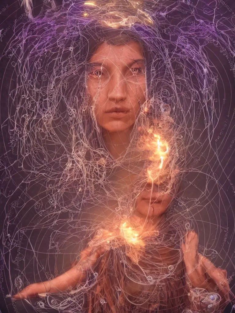 Image similar to an ancient mystical alluring female shaman generating flowing energy and surrounded by wisps of incense smoke meditating in a cybernetic robot temple , face face face