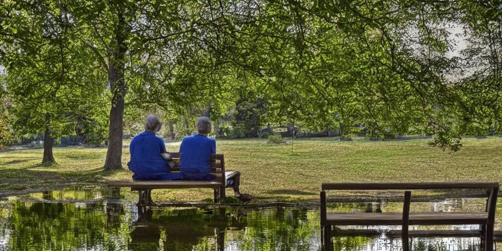 Prompt: mathematician and a philosopher sitting on a bench in front of a pond, intricate detailed reflection, HDR,