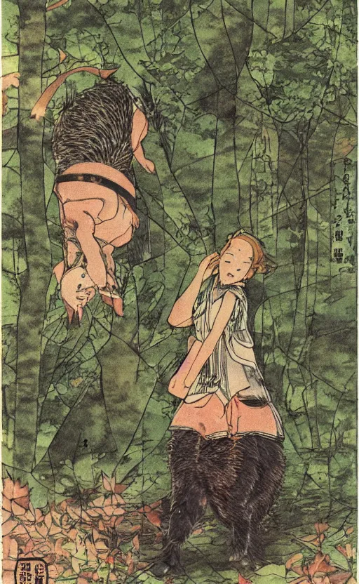 Image similar to by akio watanabe, manga art, a boar is curios about a girl in the forest, trading card front, kimono, realistic anatomy, sun in the background