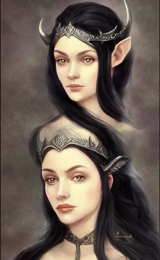 Prompt: luthien, princess of doriath, fairest maiden to have ever lived, stunningly beautiful, black hair, elven, portrait, artstation, wonderful lighning